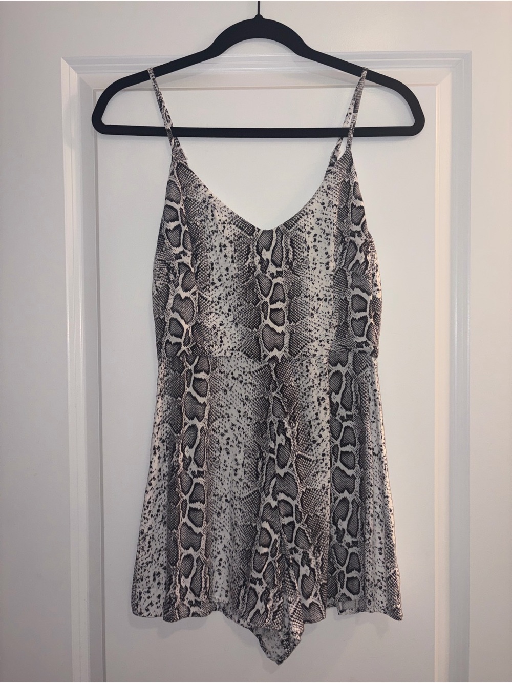 LF MILLAU Snakeskin Print Spaghetti Strap Romper in Black & White XS